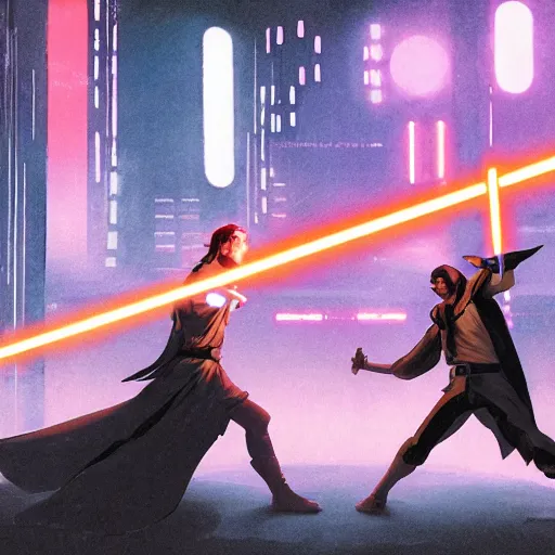 Image similar to Jedi lightsaber Duel in future japan at night, sword fight, Neon Lights, High contrast, concept art, fine details, studio ghibli, cinematic lighting, ghost-in-the-shell, cyberpunk,sci-fi, fantasy, intricate, elegant, highly detailed, digital painting, trending on artstation, concept art, smooth, sharp focus, illustration, by james gurney and greg rutkowski