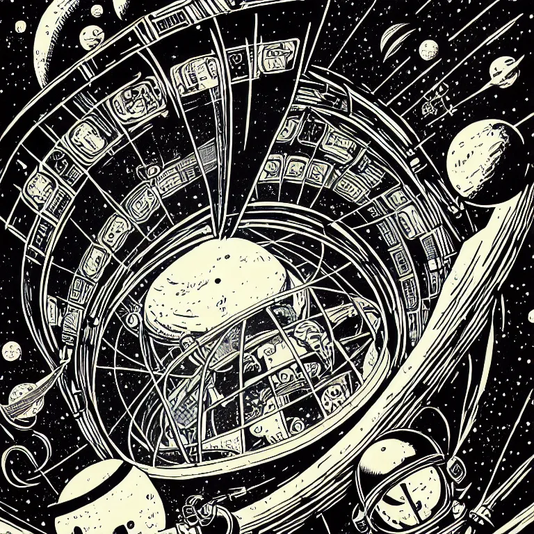 Image similar to ancient alchemist wizards laboratory, ceiling dome outerspace, high details, lineart, by vincent di fate, inking, 3 color screen print, masterpiece, trending on artstation, sharp, high contrast, hyper - detailed, hd, 4 k, 8 k