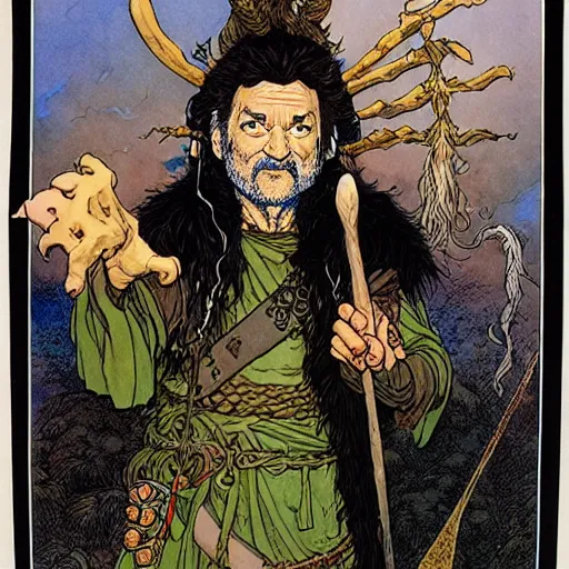 Prompt: a high fantasy portrait of bill murray as a mystical druidic warrior wizard giving the camera the finger by rebecca guay, michael kaluta, charles vess and jean moebius giraud