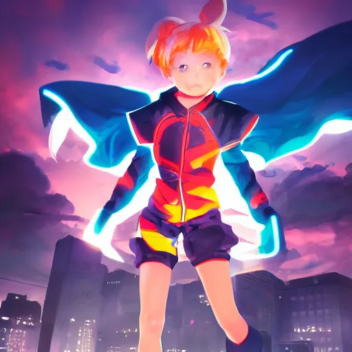 Image similar to Splash art Anime loli, blond hair with pigtails, blue coat, and black shorts, she flies by using blue neon powers through the city. Cinematic sunset, faint orange light. Amazing piece Trending on Artstation