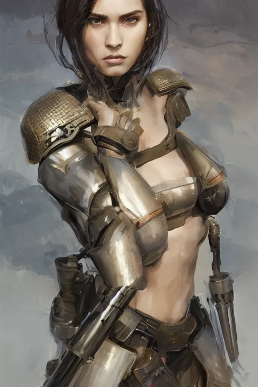 Image similar to a professional painting of a beautiful young female, clothed in military armor, olive skin, long dark hair, beautiful bone structure, symmetrical facial features, intricate, elegant, digital painting, concept art, smooth, sharp focus, illustration, from Star Wars by Ruan Jia and Mandy Jurgens and Artgerm and William-Adolphe Bouguerea