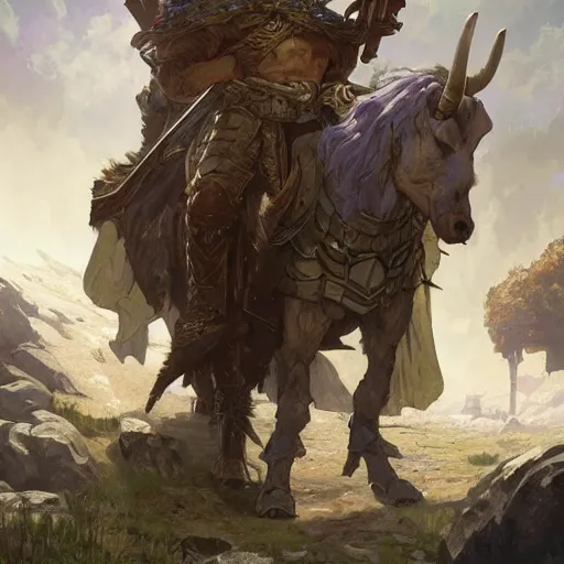 Image similar to a paladin, a rogue and a druid fighting against a giant goat, medieval streets, d & d, fantasy, highly detailed, digital painting, artstation, concept art, character art, art by greg rutkowski and tyler jacobson and alphonse mucha