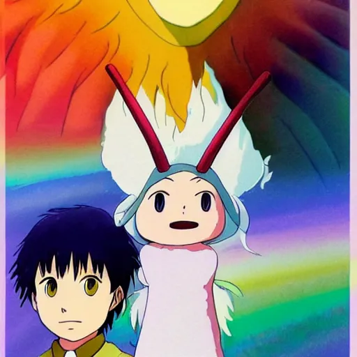 Image similar to Guilt as a Ghibli Studio Character, supernatural, sharpness. clean, rainbow colors