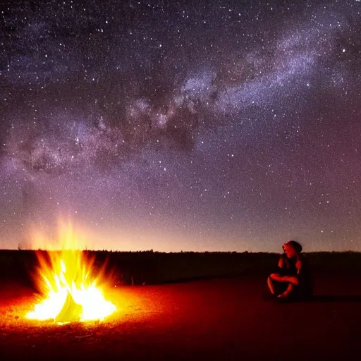 Image similar to man sitting at uluru, medicine drum, night sky, small fire, cosmic sky