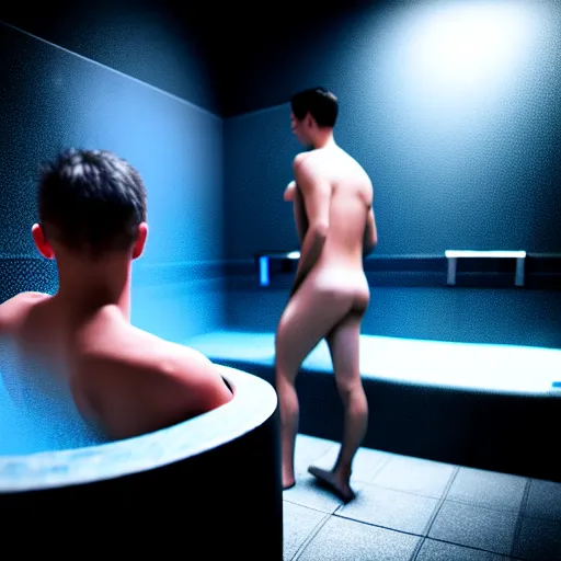 Image similar to two guys in the steam room. super realistic 8 k render of a elegant, cinematic composition