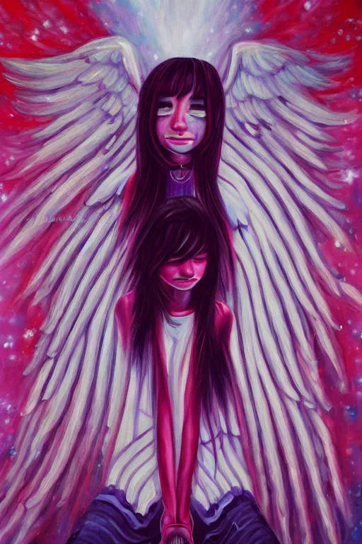 Image similar to an infinitely detailed oil painting of a beautiful angel dj by kuraya emi yume nikki inspired | atmospheric