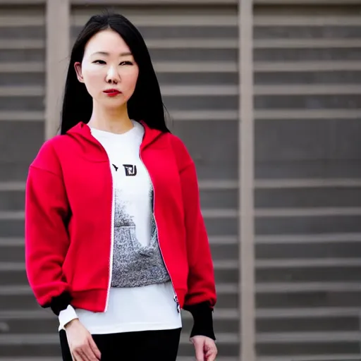 Image similar to chinese canadian woman wearing a red sweatshirt unzipped with a white shirt under it and black skirt with white sneakers.