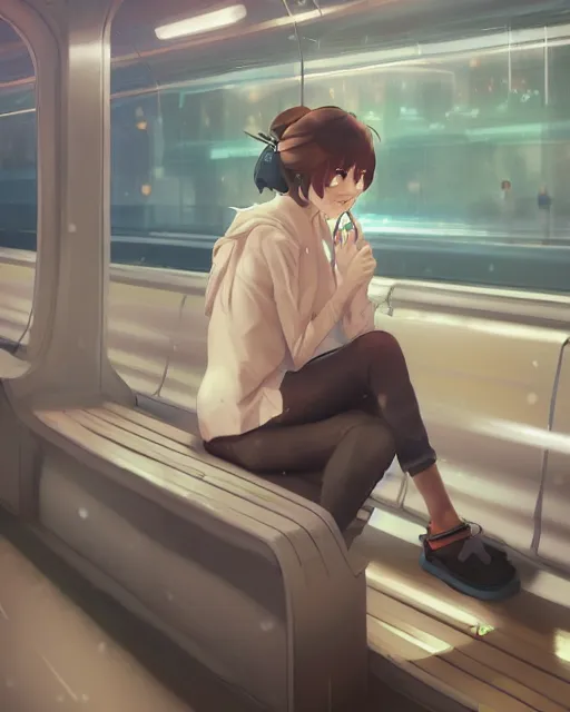 Image similar to a lonely girl sitting on a subway, full shot, ambient lighting, detailed shading, by makoto shinkai, stanley artgerm lau, wlop, rossdraws