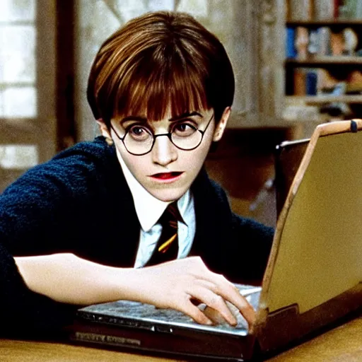 Image similar to Still from Harry Potter movies, Emma Watson using a computer during school