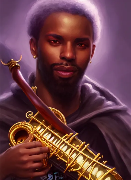 Prompt: a _ fantasy _ style _ portrait _ painting _ of black male charismatic bard playing instrument, rpg dnd oil _ painting _ unreal _ 5 _ daz. _ rpg _ portrait _ extremely _ detailed _ artgerm _ greg _ rutkowski _ greg