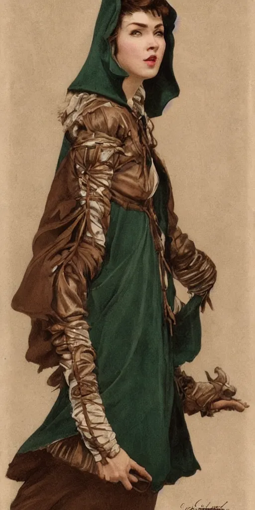 Image similar to a beautiful woman, beauty, high cheek bones, half onesided smile, mischievous, bard, brown hair, messy hairstyle, short hair, cream colored peasant shirt, brown pants, leather boots, dark green cloak, round hood, elf ears, youthful, white background, proportionate, by j.c. leyendecker, single face, trending on artstation, realistic, highly detailed, masterpiece