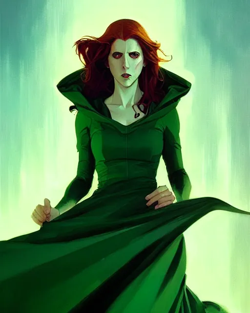 Image similar to Rafeal Albuquerque comic art, Joshua Middleton comic art, Jeremy Mann art, artgerm, cinematics lighting, beautiful Anna Kendrick supervillain, green dress with a black hood, angry, symmetrical face, Symmetrical eyes, full body, flying in the air over city, night time, red mood in background