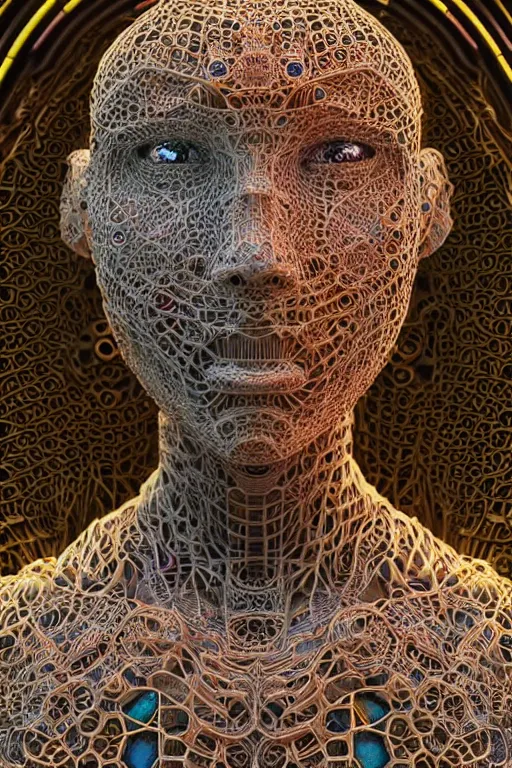 Prompt: a melancholic realistic 8k Sculpture of a complex robotic human face, liquid simulation, bright psychedelic colors, dramatic lighting, hexagonal mesh wire, filigree intricate details, cinematic, fleshy musculature, white blossoms, elegant, 50mm lens, DOF, octane render, art nouveau, 8k post-processing, intricate art by Frank Lloyd Wright