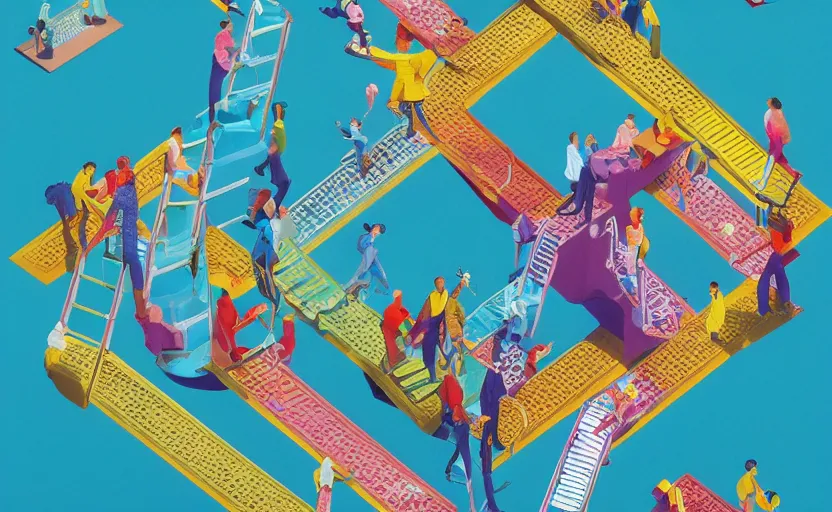 Image similar to chutes and ladders. centered award winning acrylic painting, isometric illustration by beeple, edited by mc escher, detailed by raqib shaw, popsurrealism, symmetrically isometrically centered