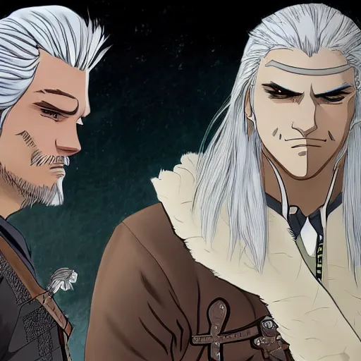 Image similar to well drawn illustartion of Anime geralt of rivia examining a sleeping dragon wide angle sharp fine details in the style of studio ghibli realistic shaded lighting