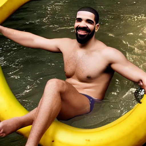 Image similar to Drake riding a big banana in a pool, 8k, sharp, high details, detailed face