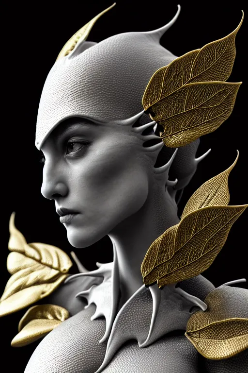 Image similar to bw close - up profile face, black background, beautiful young porcelain vegetal - dragon - cyborg - female, 1 5 0 mm, beautiful natural soft rim light, silver gold details, magnolia leaves and stems, roots, mandelbot fractal, elegant, ultra detailed, white metallic armour, octane render, h. r. giger style