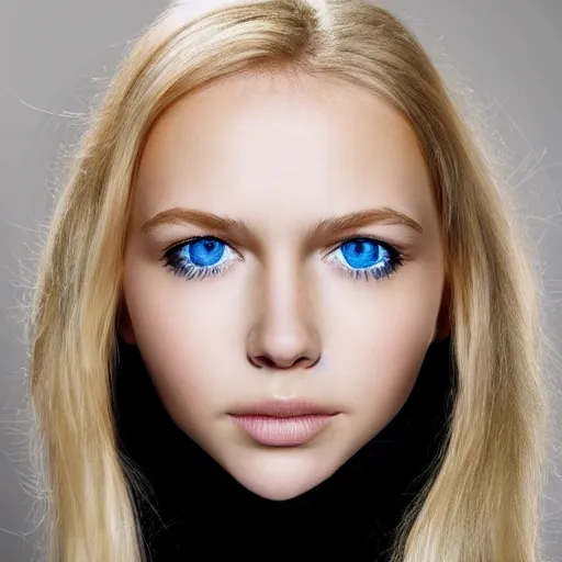 Prompt: High-Quality photorealistic portrait of a young thin girl, blue eyes, blonde hair, wearing a black turtle neck, face center close-up, realistic colors