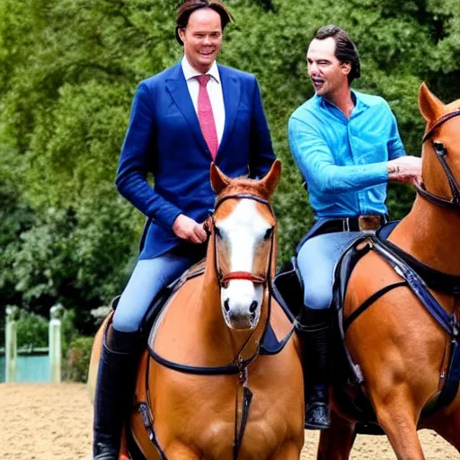 Prompt: mark rutte and thierry baudet on a horse together extremely happy, beautiful colors