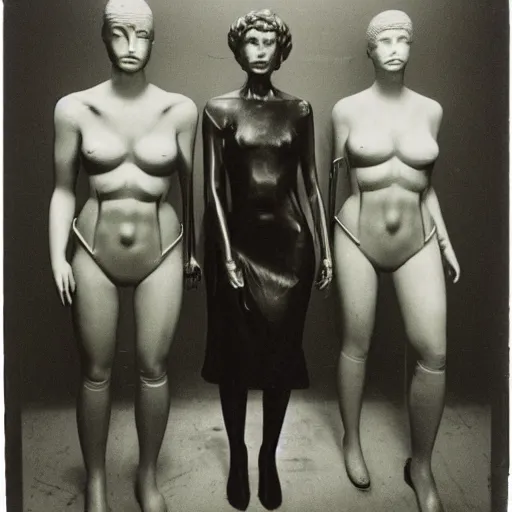 Image similar to three humanoid replicants who look like the statue of liberty, stand uncomfortably close to the camera, polaroid, flash photography, photo taken in a completely dark storage room where you can see some empty boxes in the background, very thick thighs