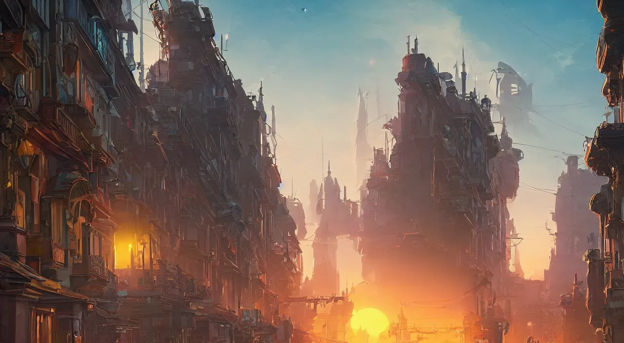 Image similar to a street level painting towards the horizon with high detail, sci - fi colorful victorian city with a victorian astronaut in the foreground at sunset with sharp shadows by tyler edlin and sparth, wide angle lens, 4 k, vray, art nouveau influences. roger deakins, cinematic cinematography.