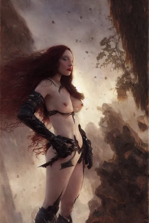 Image similar to muscular redhead kat dennings wearing black armour, bare legs, detailed, by gaston bussiere, bayard wu, greg rutkowski, giger, maxim verehin, greg rutkowski, masterpiece, sharp focus, cinematic lightning