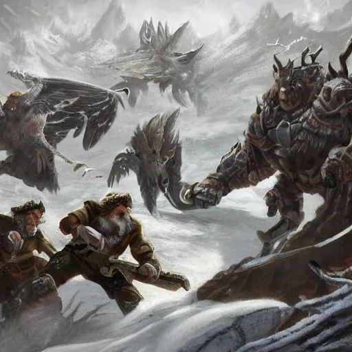 Prompt: a group of heroes fighting a huge terrifying white owl in a snowy landscape, fantasy concept art, intricate detail