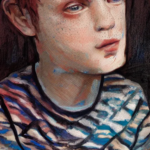 Image similar to face portrait of a teen boy with short red hair and a lot of freckles and blue eyes and a long nose, highly detailed