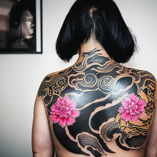 Image similar to photography of the back of a woman with a black detailed irezumi tatto representing a gold tiger with pink flowers on her entire back, dark hangar background, mid-shot, editorial photography