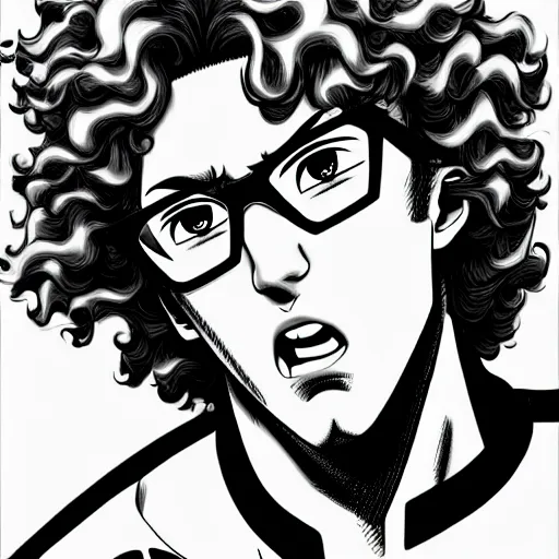 Prompt: A man with blonde curly hair wearing glasses, blonde man, anime art, Hirohiko Araki, Hirohiko Araki artwork, araki art, 4K