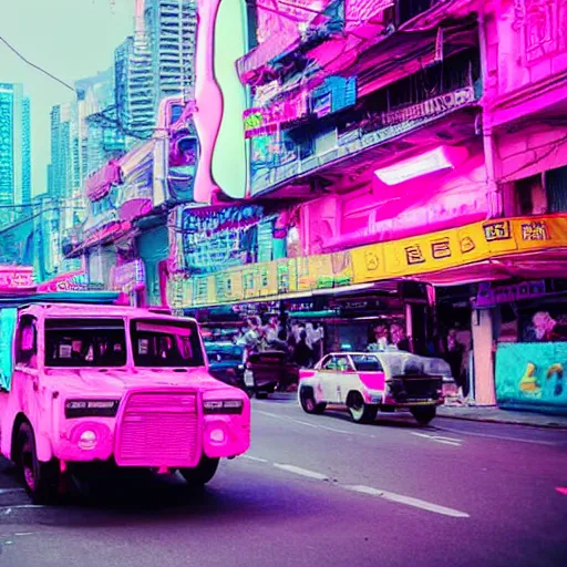 Prompt: a pink cyberpunk philippine jeepney at a neon lit busy road