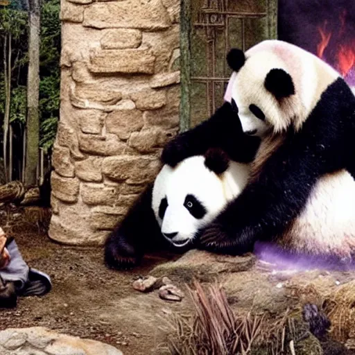 Image similar to Ryan Gosling saves a panda from a fire in the hobbit house, hyper realistic, 4k, 8k, cinematik