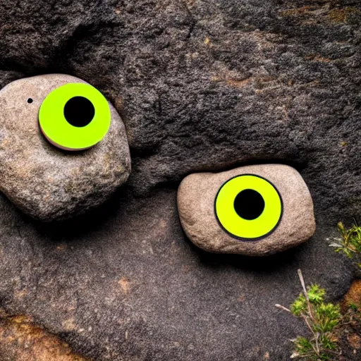 Image similar to Photograph of two rocks with a pair googly eyes at edge of a mountain in a savana