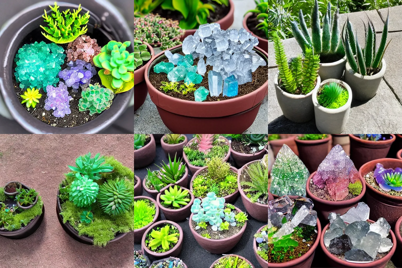 Prompt: crystals shaped like plants in pots