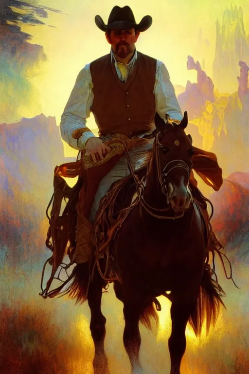 Image similar to hyperrealist portrait of a cowboy driving stage coach by thomas moran and fredrick remington and alphonse mucha, fantasy art, photo realistic, dynamic lighting, artstation, poster, volumetric lighting, very detailed faces, 4 k, award winning