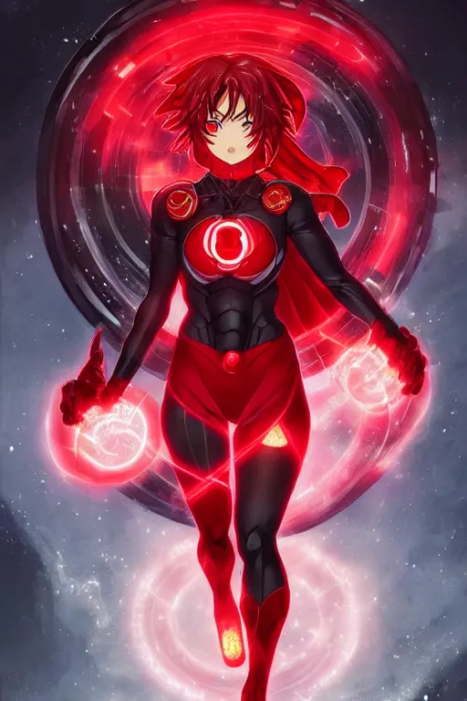 Image similar to anime key visual of a beautiful female red lantern!! intricate, red and black suit, glowing, powers, rage, anger, hate, dc comics, cinematic, stunning, highly detailed, digital painting, artstation, smooth, hard focus, illustration, art by artgerm and greg rutkowski and alphonse mucha