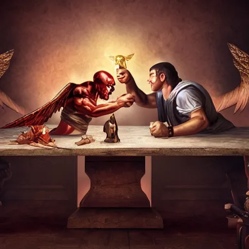 Image similar to A demon arm wrestling an angel on a dinner table, fantasy art, 8k, high resolution photography