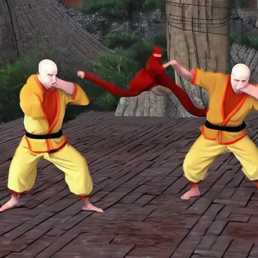 Image similar to real cats dressed as shaolin monks fighting each other, 4k, highly detailed