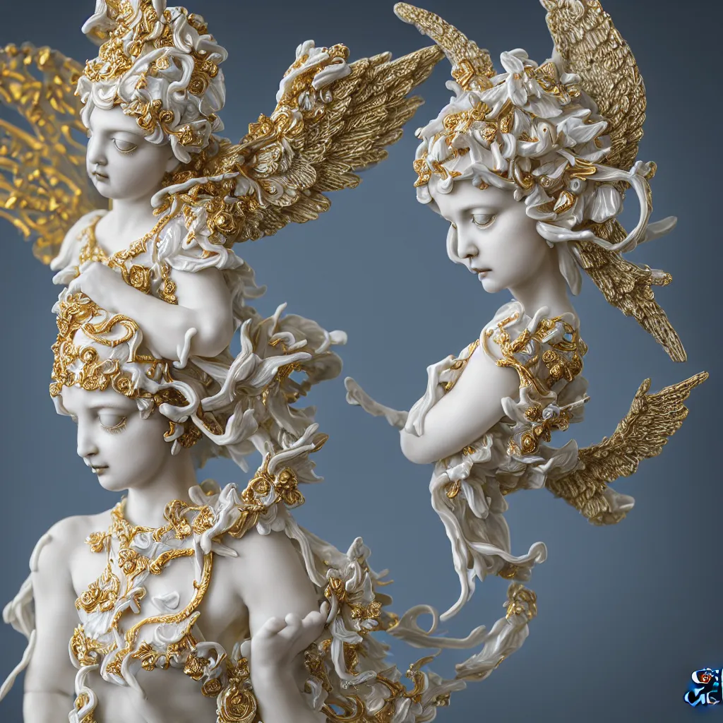 Image similar to a closeup photo - real delicate ceramic porcelain sculpture of an ornate detailed of an angel in front of an intricate background by rafael, micro detail, backlit lighting, subsurface scattering, translucent, thin porcelain, octane renderer, black and blue and gold jewelry, physically based rendering, trending on cgsociety