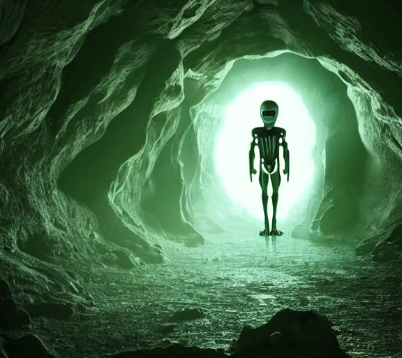 Prompt: humanoid alien walking trough a beautiful cave, xyz(050) H 576