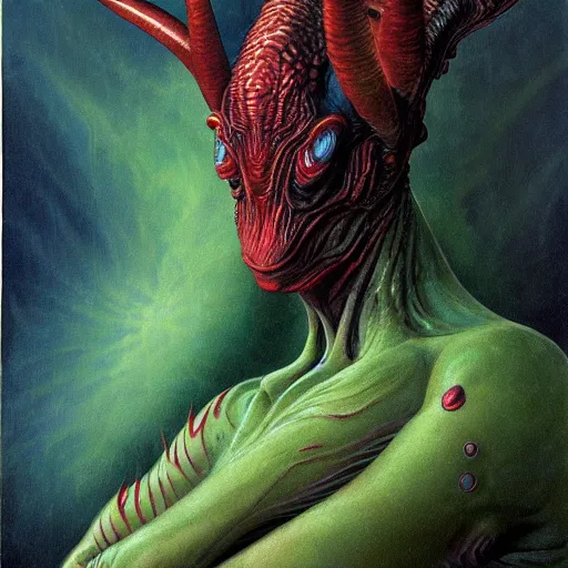 Image similar to realistic alien medium shot portrait with horns, green head. red eyes, human eyes, background flames, by wayne barlowe