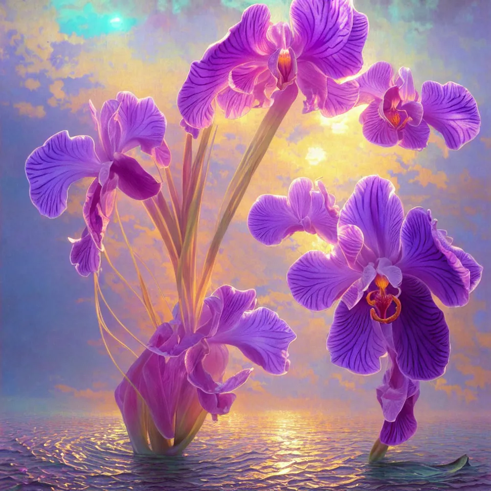 Image similar to detailed giant pastel holographic orchid iris hybrid flower surrounded by ocean waves, lsd water, lsd ripples, droplets, backlit, sunset, refracted lighting, art by collier, albert aublet, krenz cushart, artem demura, alphonse mucha