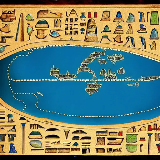 Prompt: map of atlantis, hieroglyph, egyptian papyrus