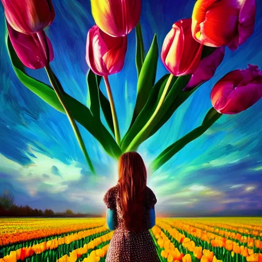 Image similar to large tulip in front of face, girl standing in a flower field, surreal photography, sunrise dramatic light, impressionist painting, colorful clouds, digital painting, artstation, simon stalenhag, flower face