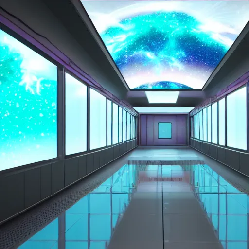 Image similar to 8 k hd detailed octane render of a spaceship corridor with a colorful nebula outside the window