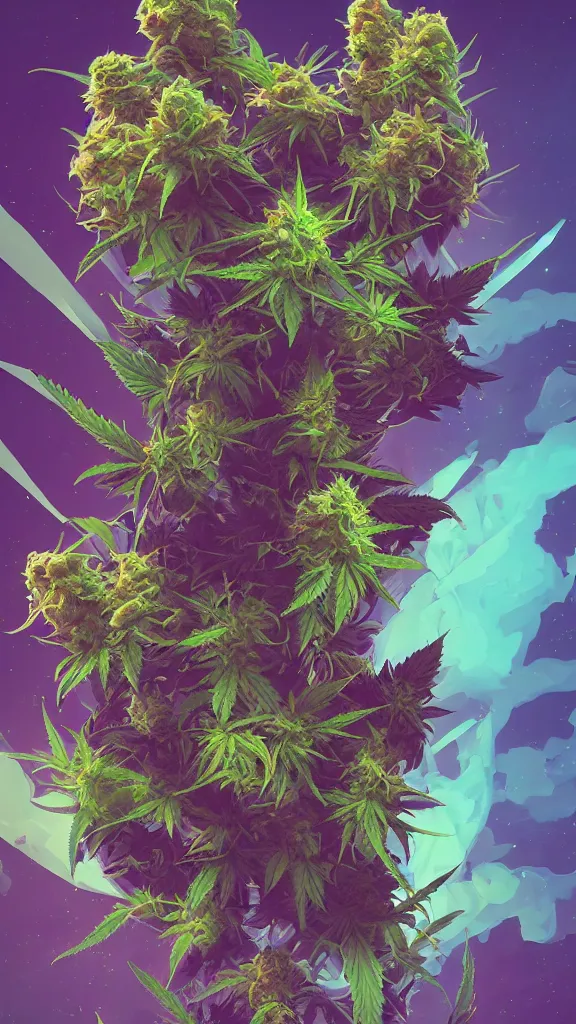 Image similar to An epic fantastic realism comic book style painting of the most beautiful cannabis flowers and buds launched into space, by James Gilleard, dank trichome bouquets, fisheye lens, unreal 5, DAZ, hyperrealistic, octane render, cosplay, RPG portrait, dynamic lighting