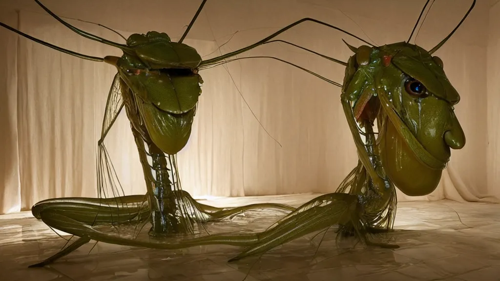 Image similar to the giant praying mantis head in the living room made of wax and water, film still from the movie directed by Denis Villeneuve with art direction by Salvador Dalí, wide lens