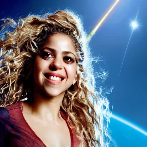 Prompt: of a closeup photo of shakira as a hero sci fi space cosmonaut in a nice action pose, there is an explosion on the background, lighting her with a rim light, she is laughing, f 2. 8, advertising studio lighting,