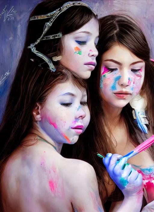 Image similar to a beautiful detailed photo of two girls painting each other, realistic, f 8, 4 k hd wallpaper