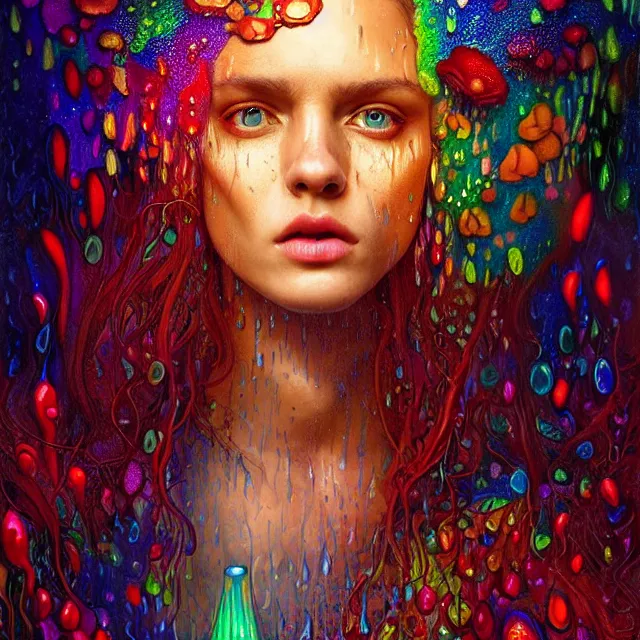 Image similar to bright portrait surrounded by psychedelic mushrooms with rain on face and wet hair, diffuse overhead lighting, fantasy, intricate, elegant, dramatic lighting, highly detailed, lifelike, photorealistic, digital painting, artstation, illustration, concept art, smooth, sharp focus, art by John Collier and Albert Aublet and Krenz Cushart and Artem Demura and Alphonse Mucha